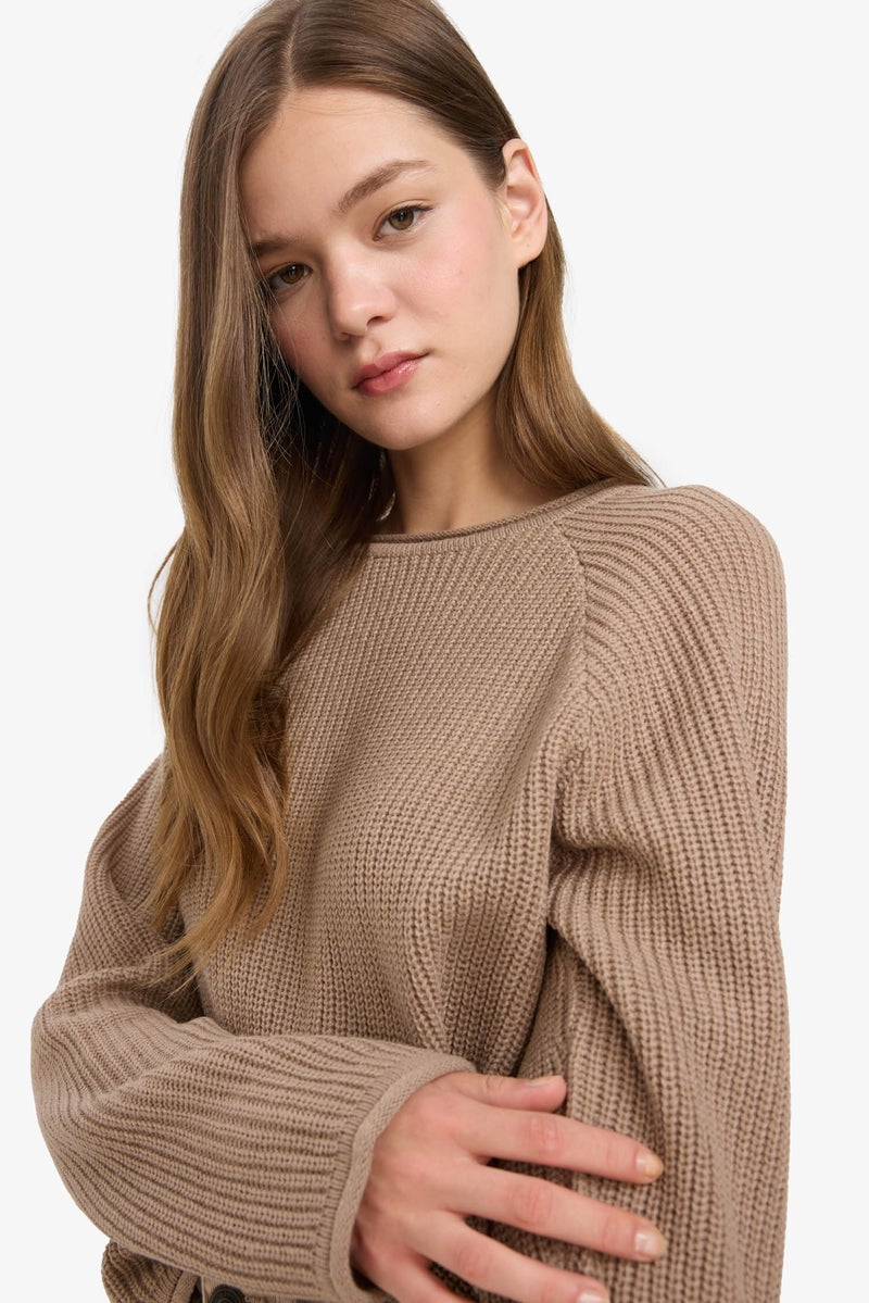 DeFacto Beige Woman Regular Fit Crew Neck Basic Dress Pullover Casual - Image 4